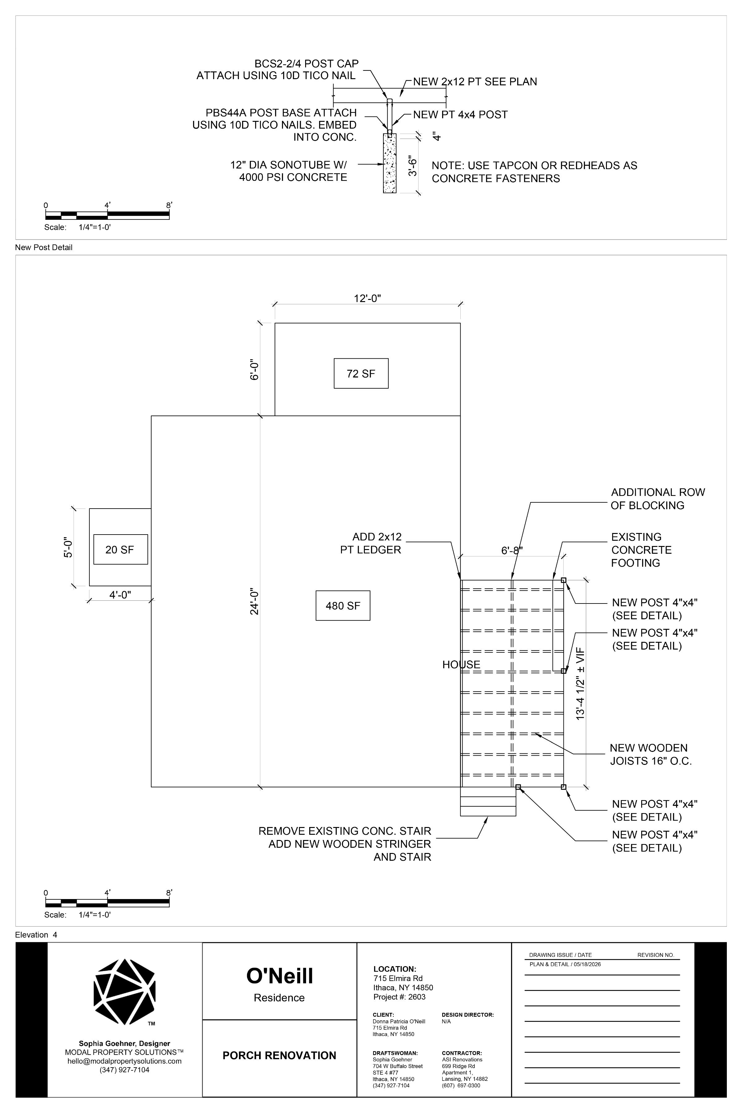 O'Neill Residence porch renovation — plan & detail, 715 Elmira Rd, Ithaca NY
